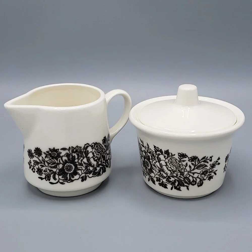VTG‎ Royal China Ironstone Creamer Covered Sugar Bowl Sussex Brown Flowers Retro